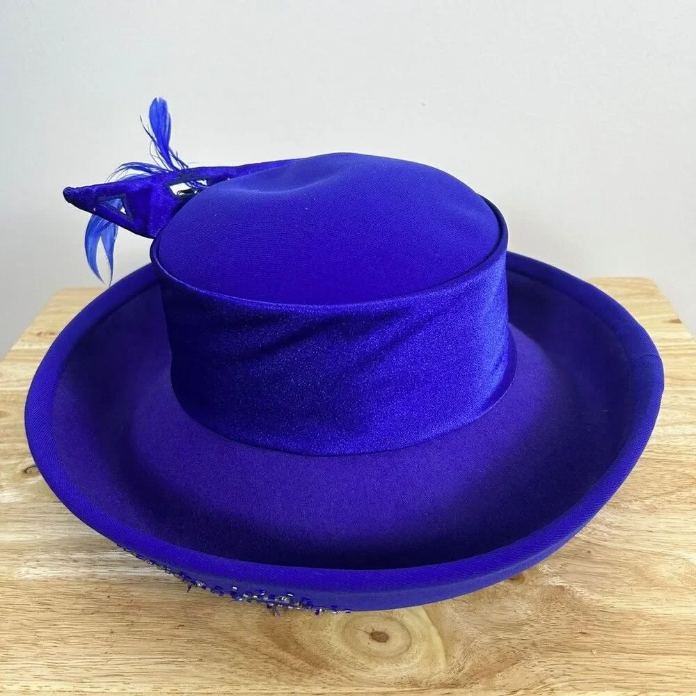 ML Studio Royal Blue Wool Felt Church Hat Beaded Feather Accent Dress Derby Hat